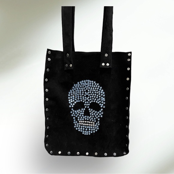 Handcrafted Black Suede Tote with Blue and White Rhinestone Skull - Picture 4 of 9
